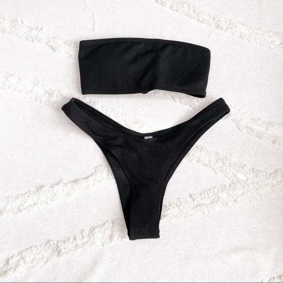 Black ribbed strapless bandeau bikini top with tie in the back zaful - Picture 1 of 9